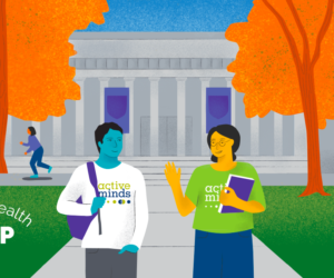 Illustration of two students wearing Active Minds shirts walking on a college campus in the fall having a conversation. In the background, one student rides by on a skateboard and another sits in the grass on her laptop.