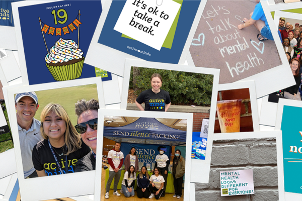 Collection of photos from Active Minds in polaroid-style frames, arranged in a collage.