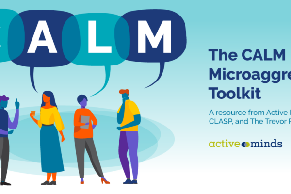 Four multicolored people standing and talking to each other in front of an abstract blue shape in the background. The word 