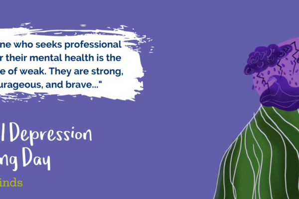 Purple background with hand-drawn image of a woman facing away, with illustrations of thunderstorms in her mind. Text reads, 