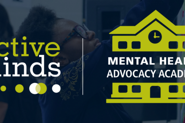 Photo of student in classroom hanging up an item with blue transparent overlay and Active Minds Mental Health Advocacy Academy logo centered.