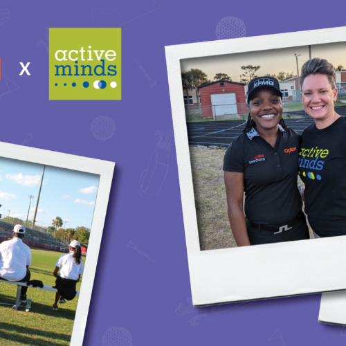 Photos of Active Minds involvement at The Players Championship in polaroid frames with Active Minds and Optum logos.