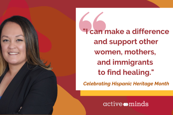 Photo of Gabriela Aguilar over a background of orange, red, and yellow abstract shapes. A quote to the right reads, 