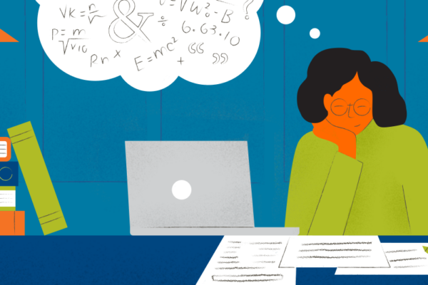 Image of student sitting at a laptop with notes in front of them and a stack of books. A thought bubble shows equations, symbols, and other academic jargon.