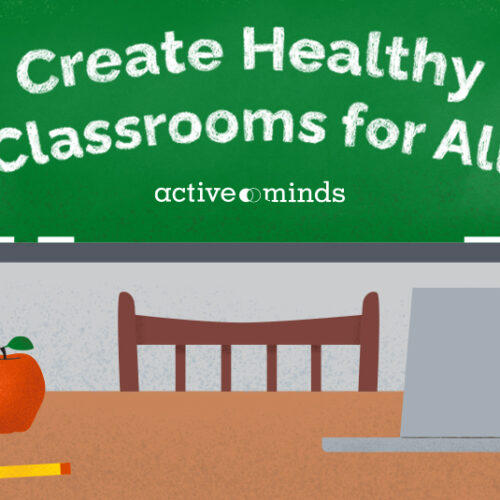 Illustrated image of a teacher's desk in front of a chalkboard, with text on the board reading, 
