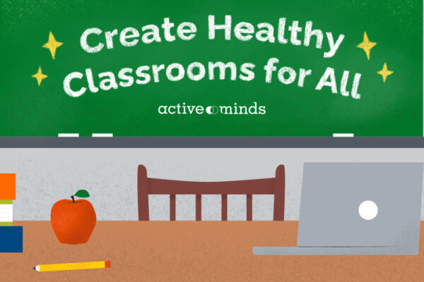 Illustrated image of a teacher's desk in front of a chalkboard, with text on the board reading, 