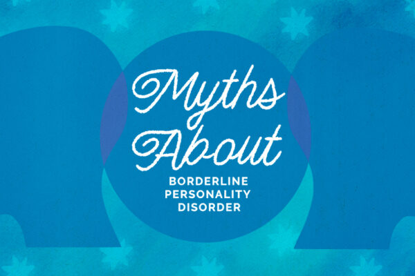 Blue background with dark blue silhouettes of heads facing opposite directions; text between the heads reads, 