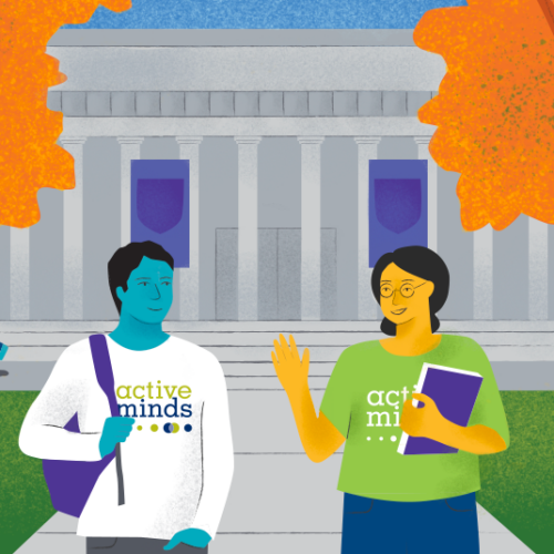 Illustration of two students wearing Active Minds shirts walking on a college campus in the fall having a conversation. In the background, one student rides by on a skateboard and another sits in the grass on her laptop.