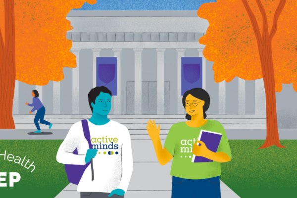Illustration of two students wearing Active Minds shirts walking on a college campus in the fall having a conversation. In the background, one student rides by on a skateboard and another sits in the grass on her laptop.