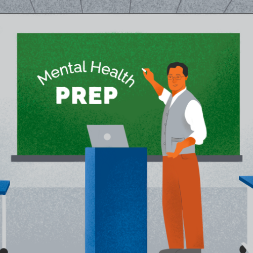 Hand-drawn graphic of teacher standing at front of classroom with 