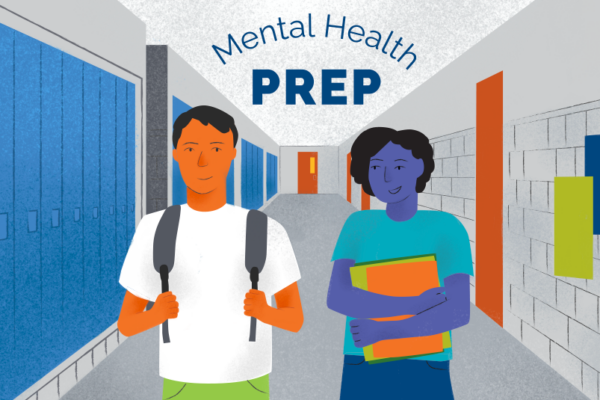 Hand-drawn illustration of two students walking down a school hallway with text reading, 