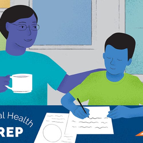 Hand-drawn image of a parent holding a mug in right hand with their left-hand on the back of their child sitting next to them at a table, with backpack on the table and while the child works on homework. The words 