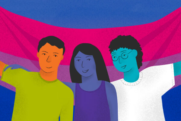 Pink, purple, and blue gradient background with gold stars, and three different sets of hands reaching up from out of the frame. One holds a bisexual pride flag, one holds a sign reading 