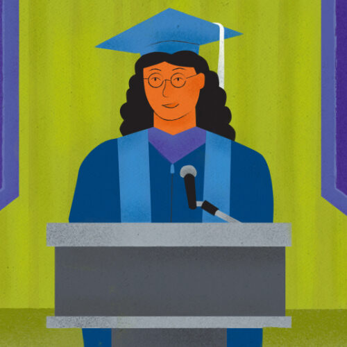 Illustration of a graduate standing at a podium in a cap and gown. Banners behind her read, 