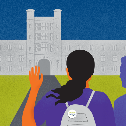 A tour guide on a college campus is speaking to a student in a group with their hand raised. The student is wearing a backpack with an Active Minds pin on the top.