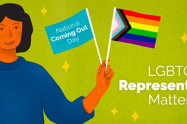 Illustration of a person holding two flags, one is a Pride flag and one reads 