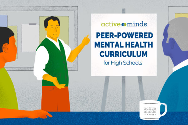 Illustrated graphic of a guidance counselor talking to a student and teacher, pointing at a sign reading, 