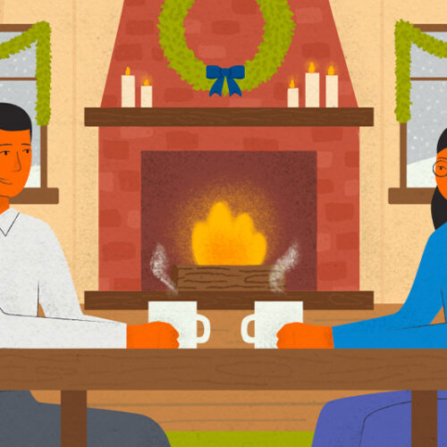 Illustrated image of a young woman sitting at a table with a male family member having a conversation. The living room they are in is decorated for the holidays and it's snowing outside.