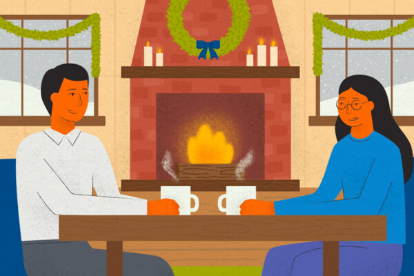 Illustrated image of a young woman sitting at a table with a male family member having a conversation. The living room they are in is decorated for the holidays and it's snowing outside.
