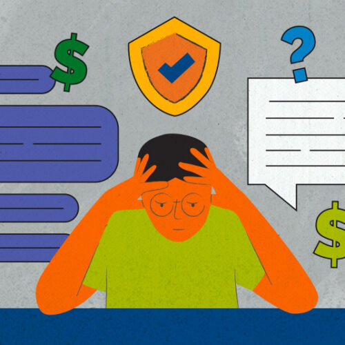 Illustrated graphic shows a young adult sitting at a desk looking overwhelmed surrounded by iconography representing the expensive and confusing nature of mental health care.