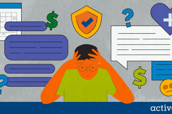 Illustrated graphic shows a young adult sitting at a desk looking overwhelmed surrounded by iconography representing the expensive and confusing nature of mental health care.