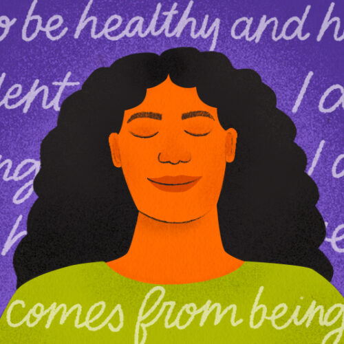 Illustration of a girl with her eyes closed, surrounded by affirmations like, 