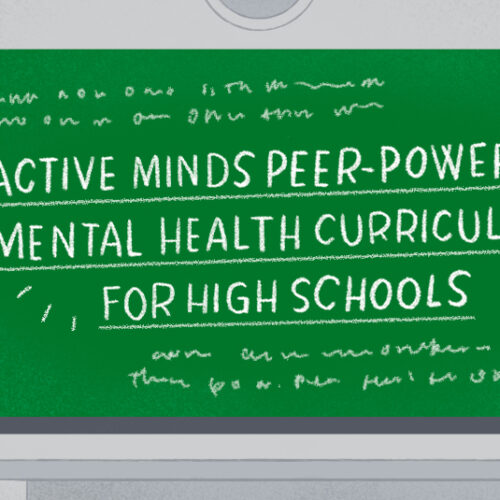 Hand-drawn image of students next to a chalkboard reading, 