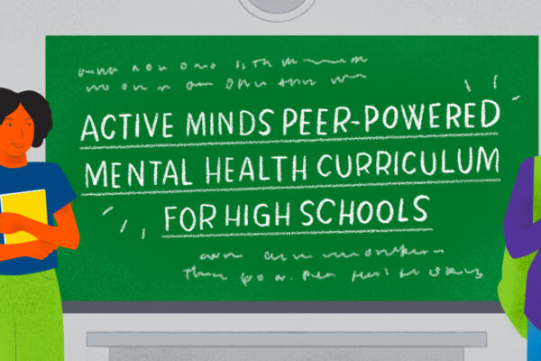 Hand-drawn image of students next to a chalkboard reading, 