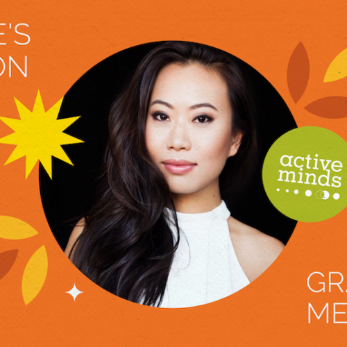 Orange background with multi-colored fall icons (such as leaves) surrounding a headshot of Kelly Mi Li and text reading, 