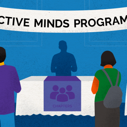 Illustrated image of two people attending an Open House for Active Minds programs, with booths reading, 