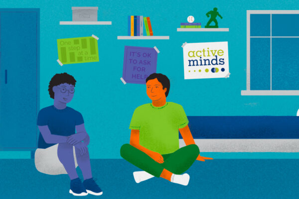 Illustrated graphic of two boys sitting on the floor in a bedroom having a conversation, with posters on the wall behind them reading, 
