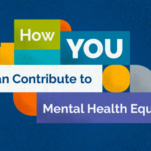 Blue background with stacking geometric shapes featuring text reading, 