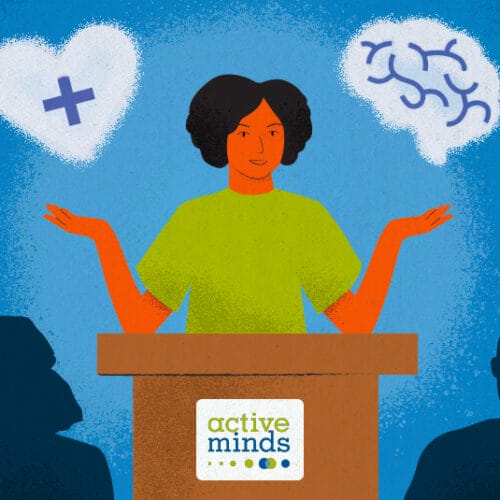 Illustrated picture of a young adult at a podium speaking to a crowd of people about mental health.