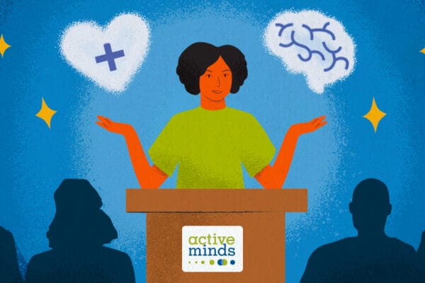 Illustrated picture of a young adult at a podium speaking to a crowd of people about mental health.