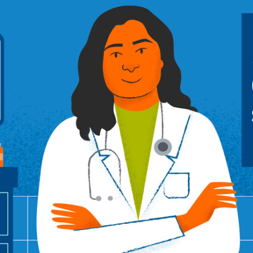 Illustrated graphic of a physician in a lab coat in her office, standing in front of a sign reading, 