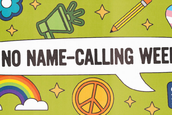 Graphic with cartoon icons including stars, a peace sign, a flower, a rainbow, and a heart with the colors of the transgender pride flag, and text reading, 