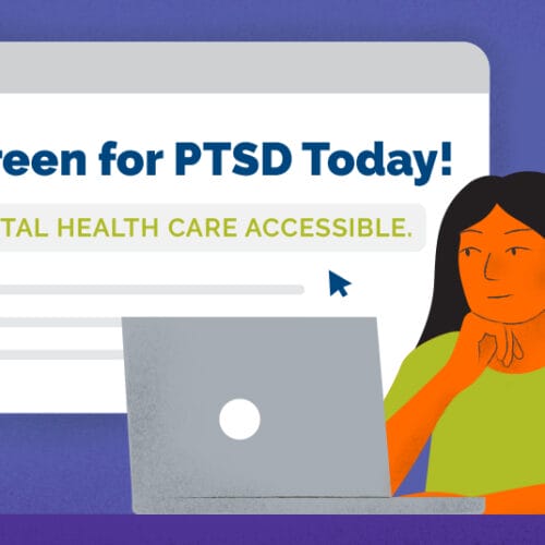 Illustrated image of a woman sitting at a laptop where the viewer can see her desktop behind her; her computer screen reads, 