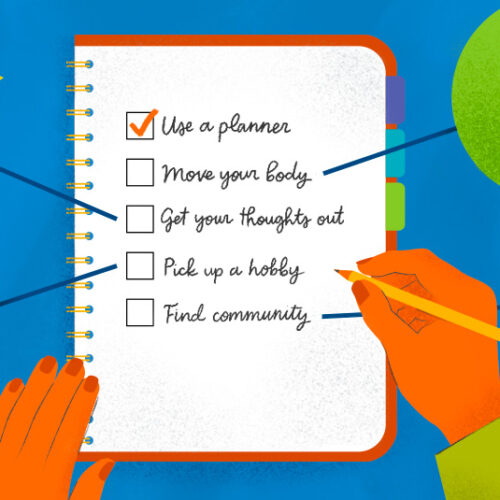 Hand-drawn graphic of a list in a planner reading 