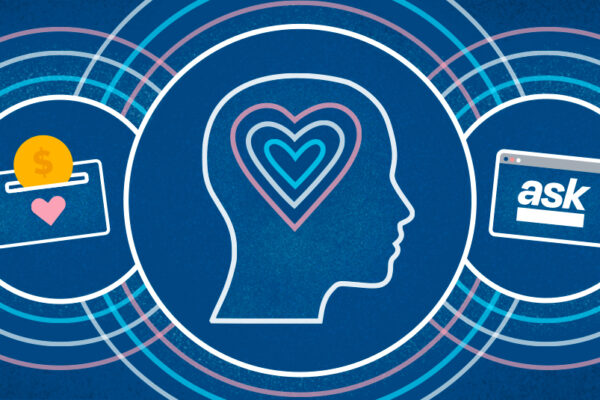 Illustration of icons indicating a person's head, the ASK tool, and a donation box, using a portion of the transgender pride colors blue, pink, and white.