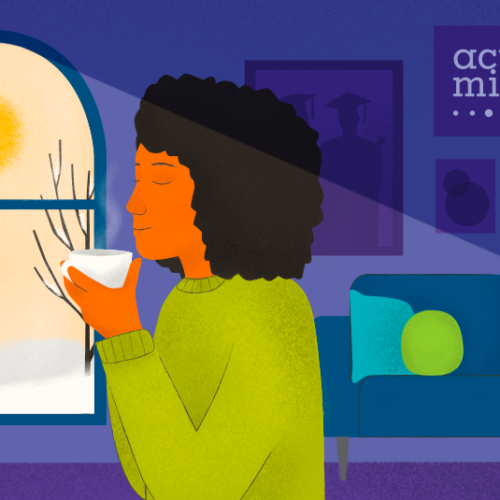 Hand-drawn image of a woman holding a steaming mug, with the sunshine on her face from a window. Outside, the ground is covered in snow.