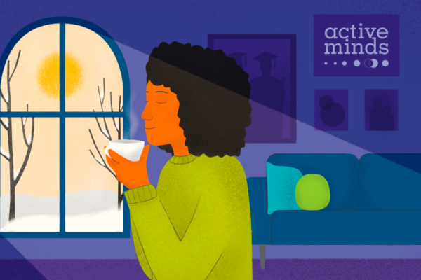 Hand-drawn image of a woman holding a steaming mug, with the sunshine on her face from a window. Outside, the ground is covered in snow.