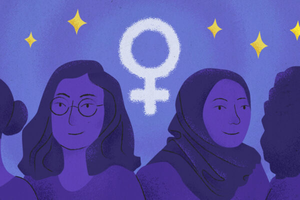 Illustration of four women with the female sex symbol in the center surrounded by yellow stars, all done in purple hues.