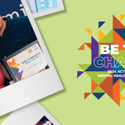 Banner shows polaroid photos from the 2023 Active Minds Conference, including a photo of author Blake with Active Minds' executive director Alison Malmon. To the right of the photos is the Conference logo 