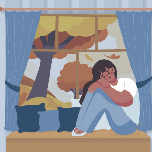 Illustrated image of a girl sitting on a window seat in her bedroom looking sad; leaves are falling from the tree outside her window.