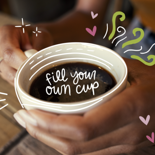 Image of a person holding a coffee cup with words inside the cup reading, 