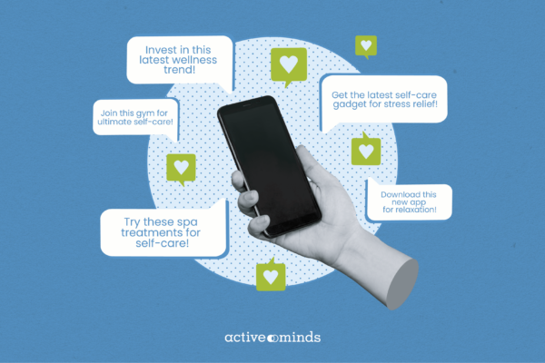 Image of a hand holding a cellphone surrounded by text bubbles reading messages such as, 