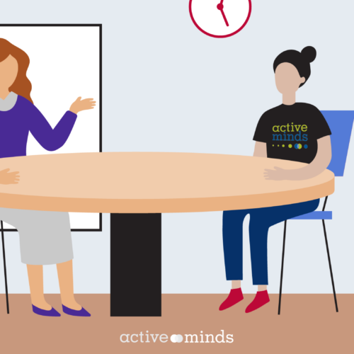 Hand-drawn digital graphic of a student and teacher having a conversation at a table in classroom. The teacher's hand is making a gesture while she speaks, and the student is wearing a black 