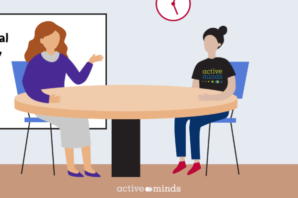 Hand-drawn digital graphic of a student and teacher having a conversation at a table in classroom. The teacher's hand is making a gesture while she speaks, and the student is wearing a black 