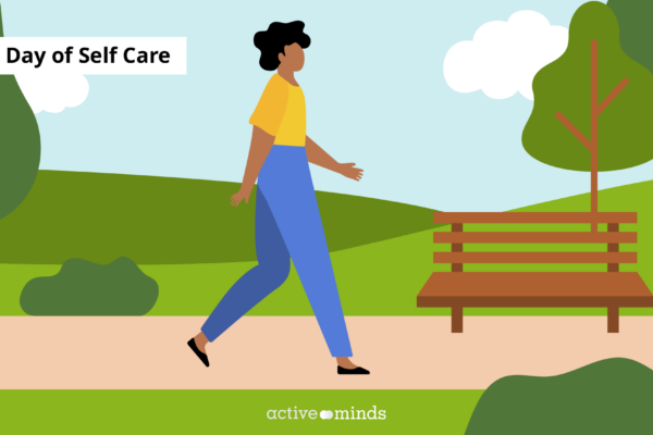 A cartoon style-graphic features a person walking down a path surrounded by grass, a small hill, trees, and a bench. The words 