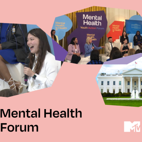 Collage of photos including Active Minds Speaker Diana Chao with Surgeon General Dr. Vivek H. Murthy, Dr. Jill Biden and Selena Gomez on stage with a group of young adult mental health leaders, and a photo of the White House. Text reads 